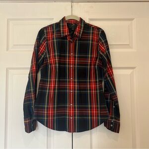 J Crew Slim Stretch Perfect Shirt Black Stewart Tartan Womens 6 Cotton Holiday